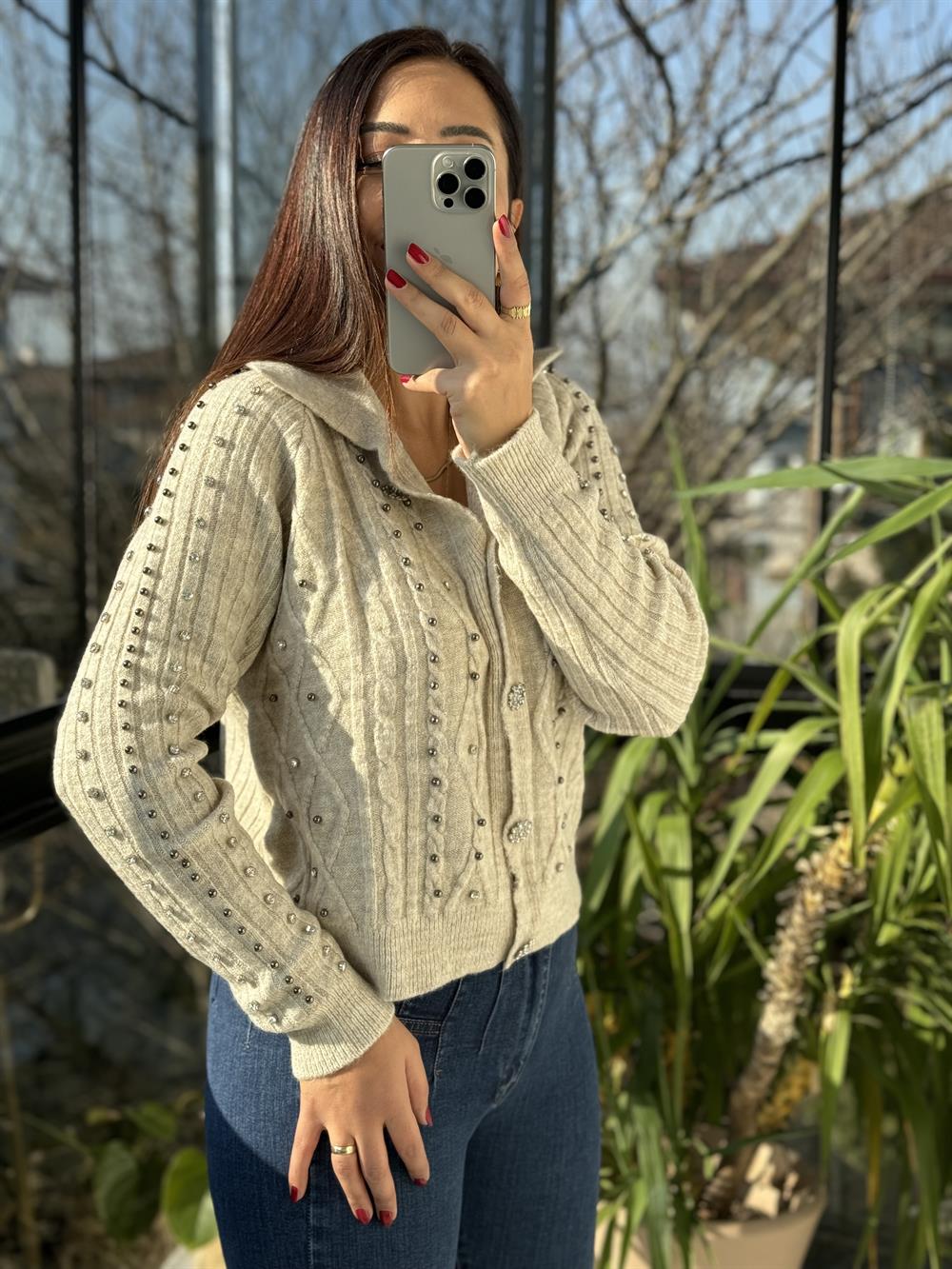 Taşlı Polo Yaka Hırka Taş