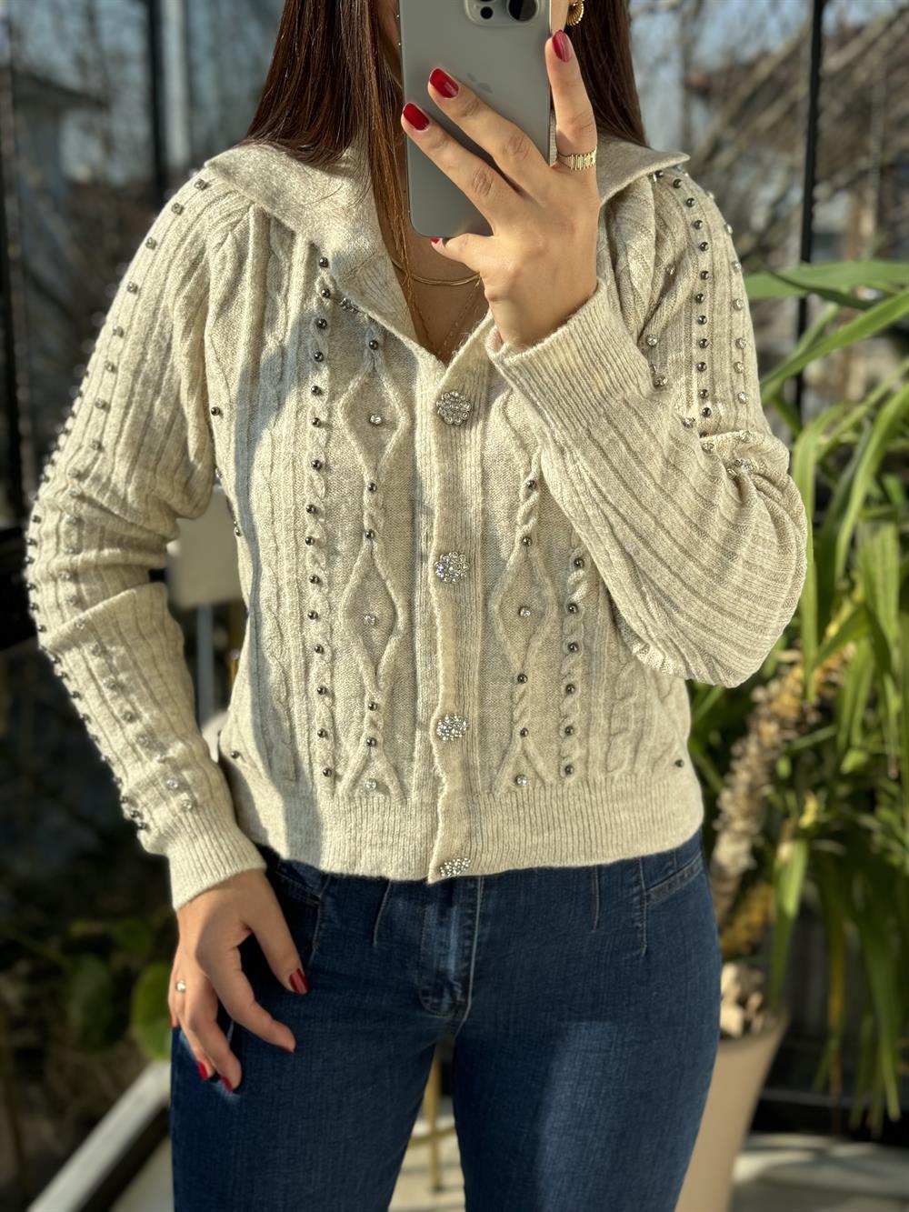 Taşlı Polo Yaka Hırka Taş