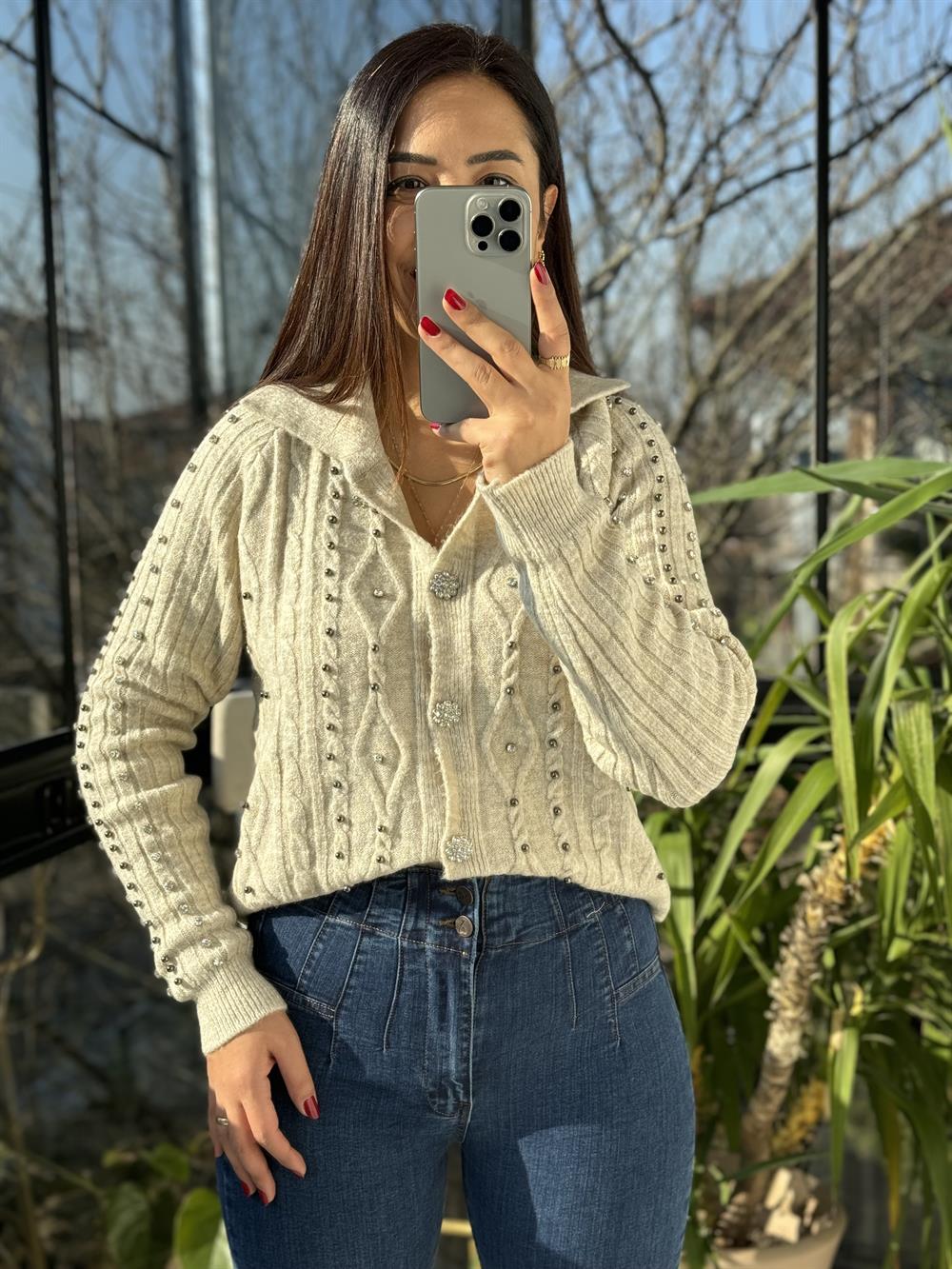 Taşlı Polo Yaka Hırka Taş