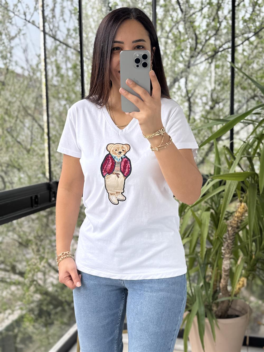 Teddy Nakışlı Tişört Beyaz