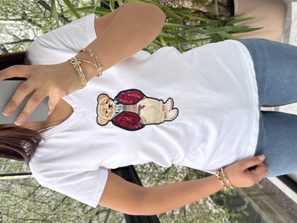 Teddy Nakışlı Tişört Beyaz