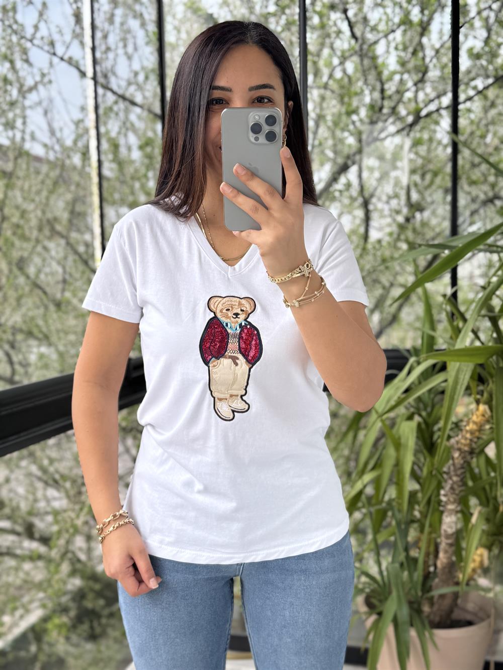 Teddy Nakışlı Tişört Beyaz