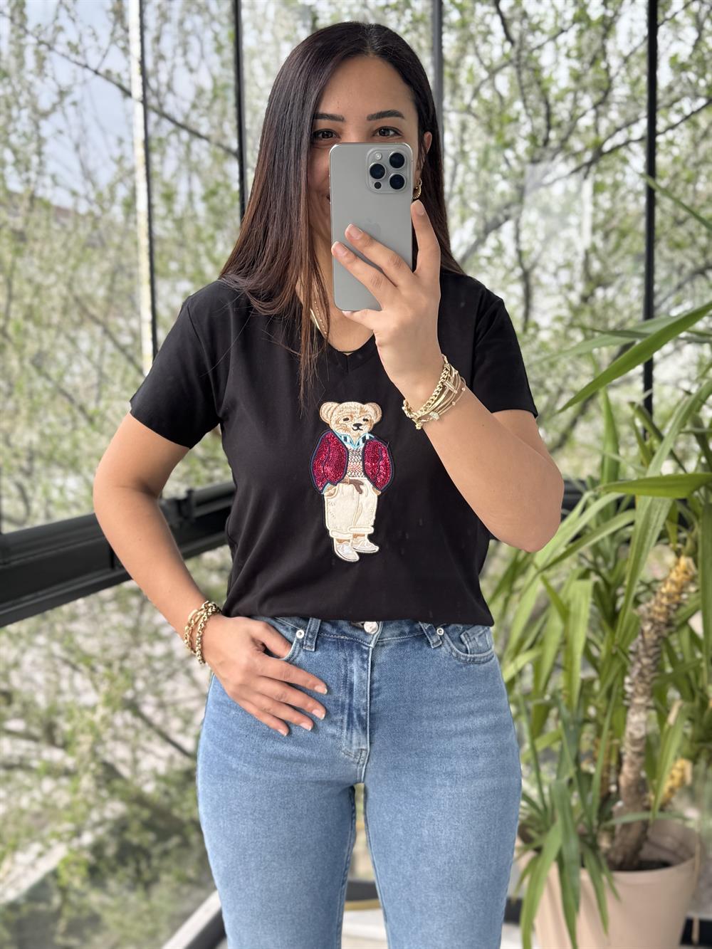 Teddy Nakışlı Tişört Siyah