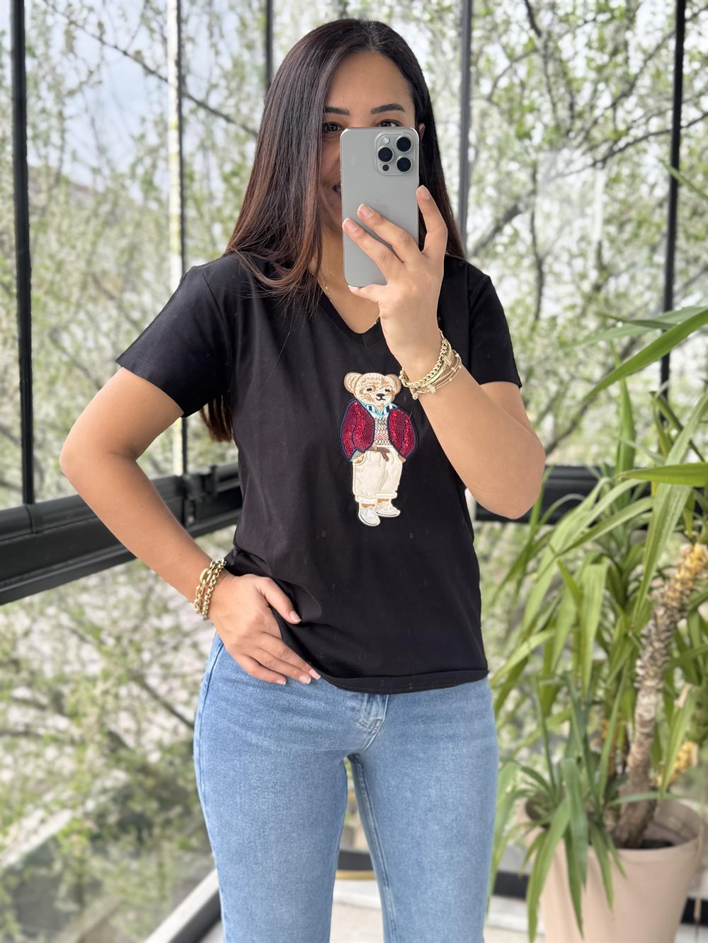 Teddy Nakışlı Tişört Siyah