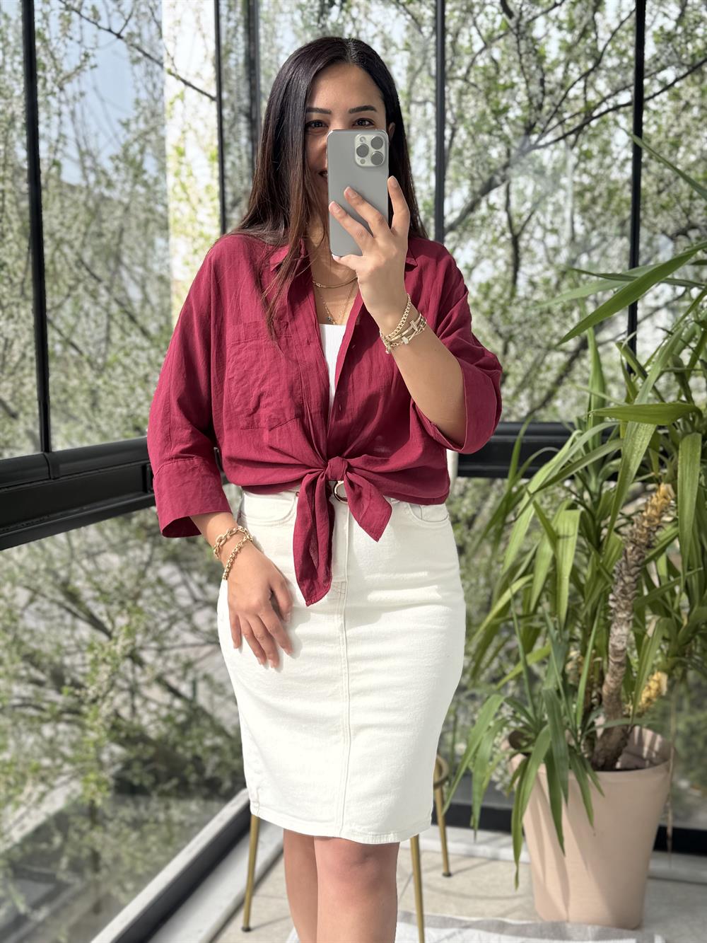 Tek Cep Natural Gömlek Bordo