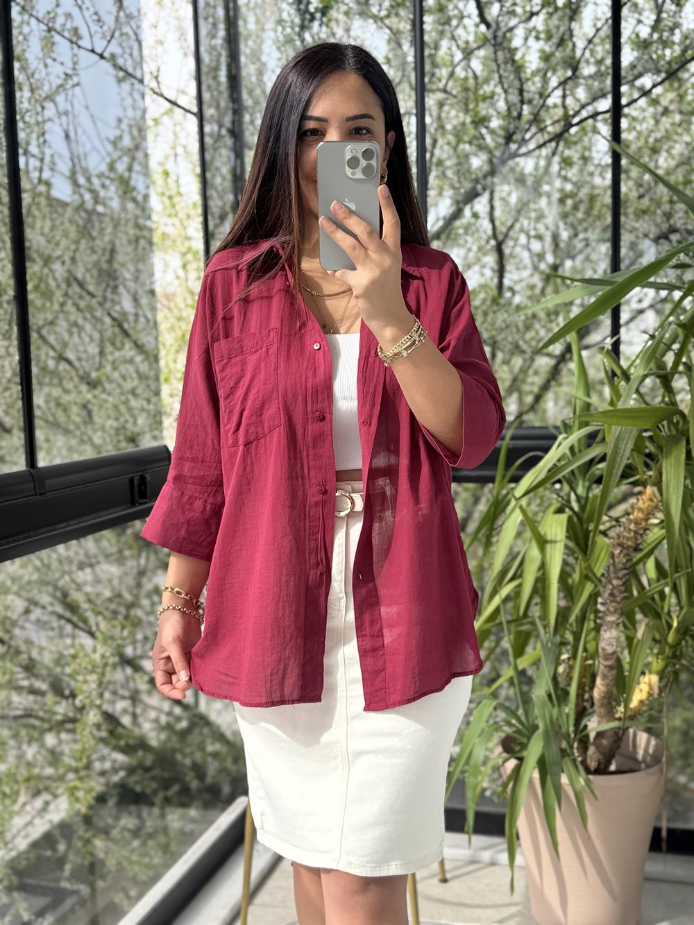 Tek Cep Natural Gömlek Bordo