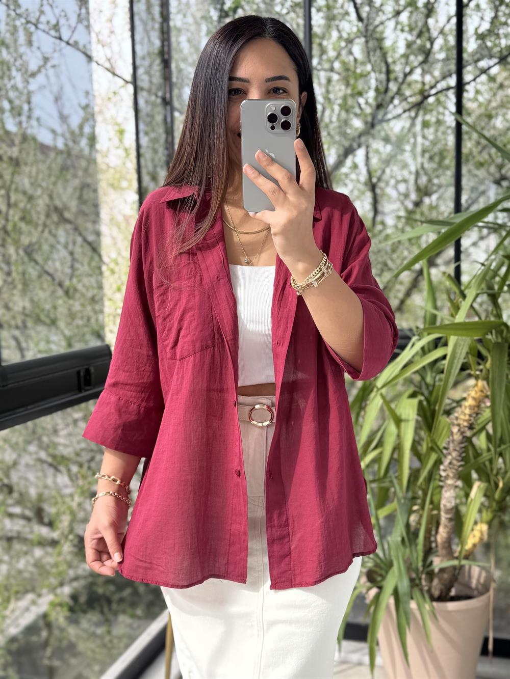 Tek Cep Natural Gömlek Bordo