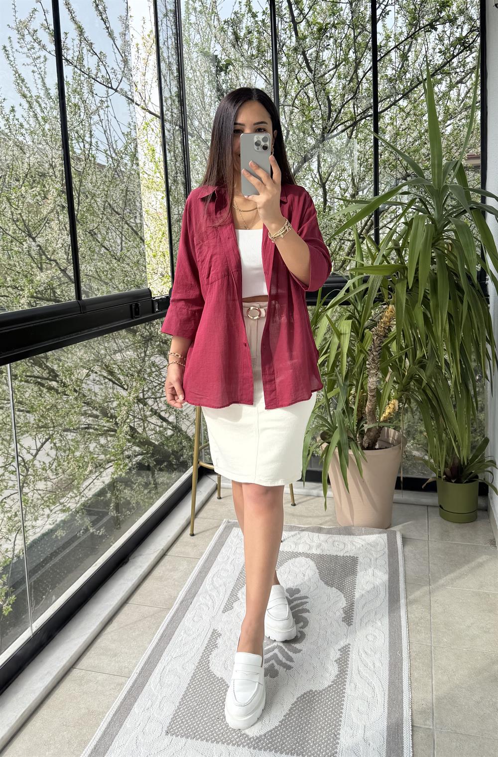 Tek Cep Natural Gömlek Bordo