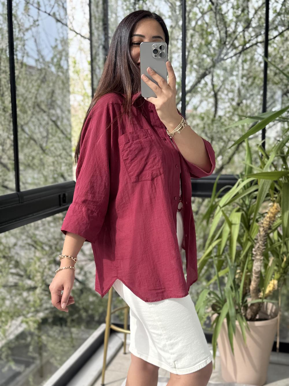 Tek Cep Natural Gömlek Bordo