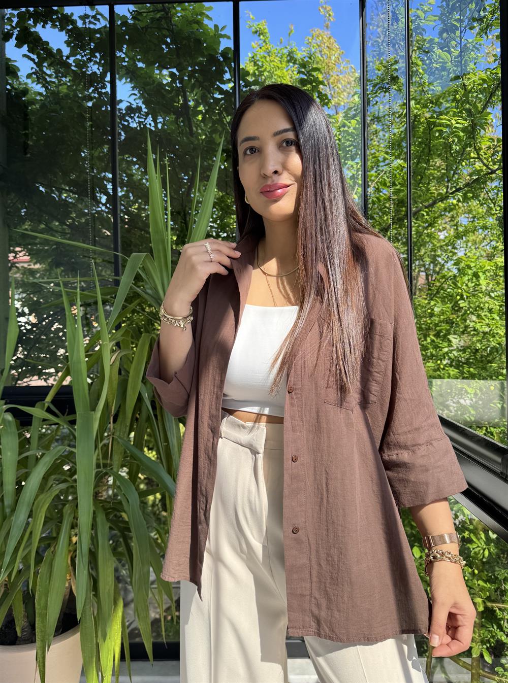 Tek Cep Natural Gömlek Kahve