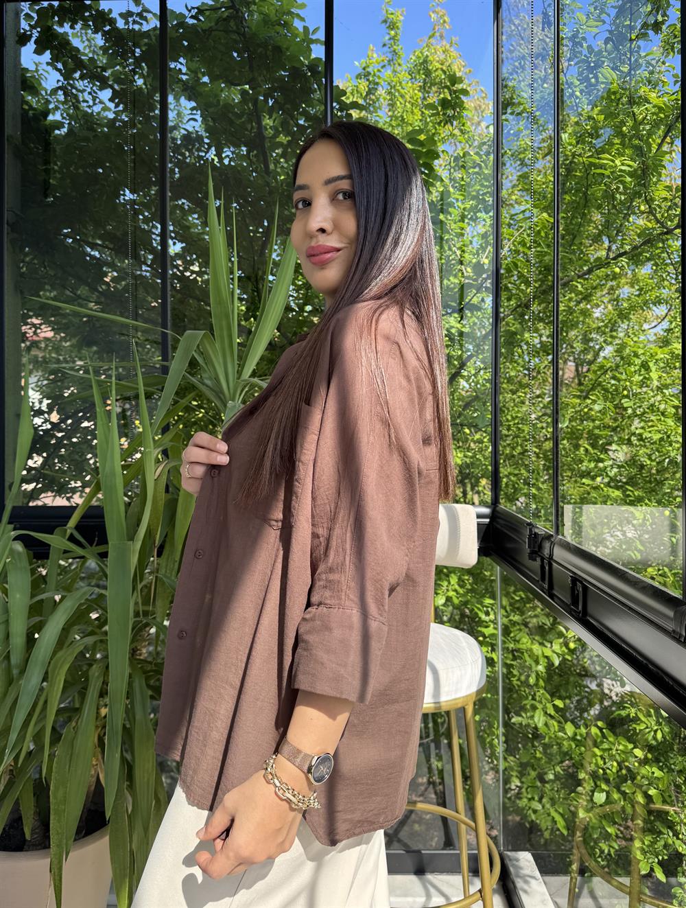 Tek Cep Natural Gömlek Kahve