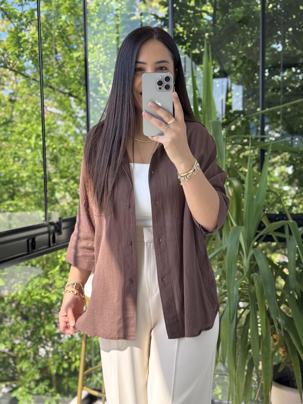 Tek Cep Natural Gömlek Kahve