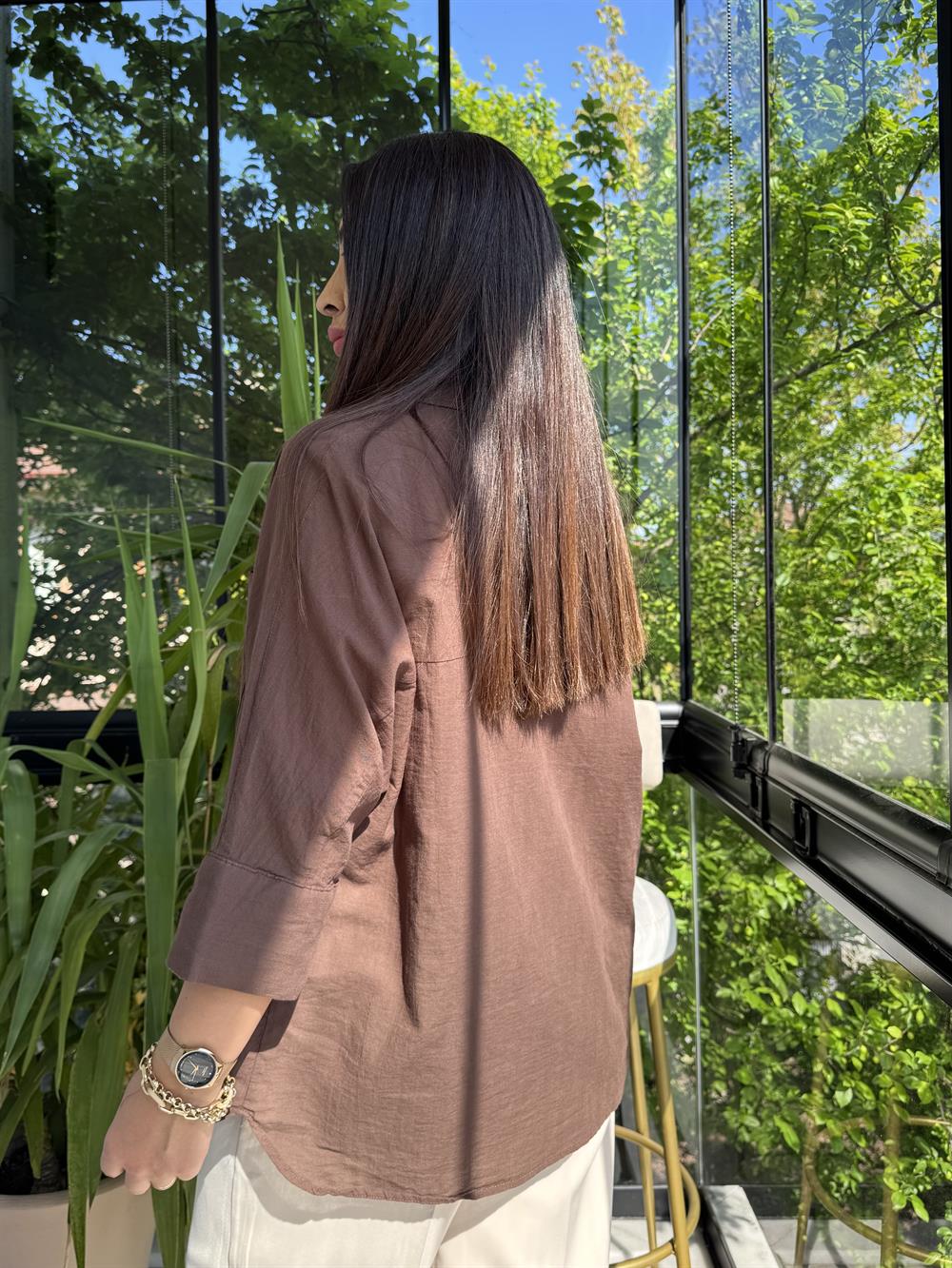 Tek Cep Natural Gömlek Kahve