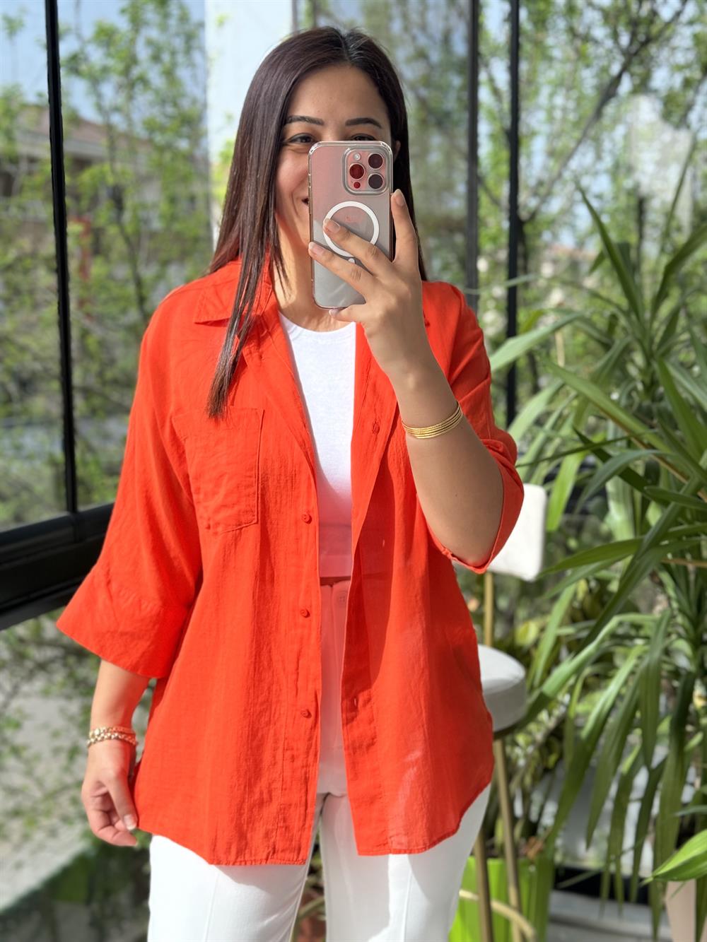 Tek Cep Natural Gömlek Turuncu