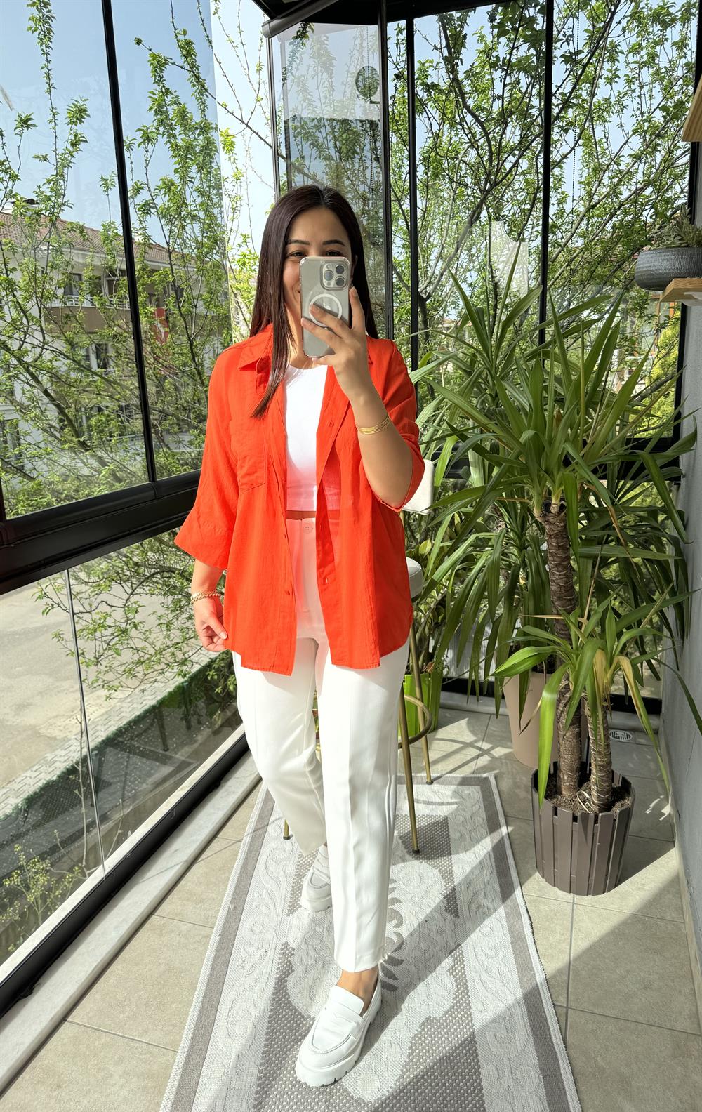 Tek Cep Natural Gömlek Turuncu