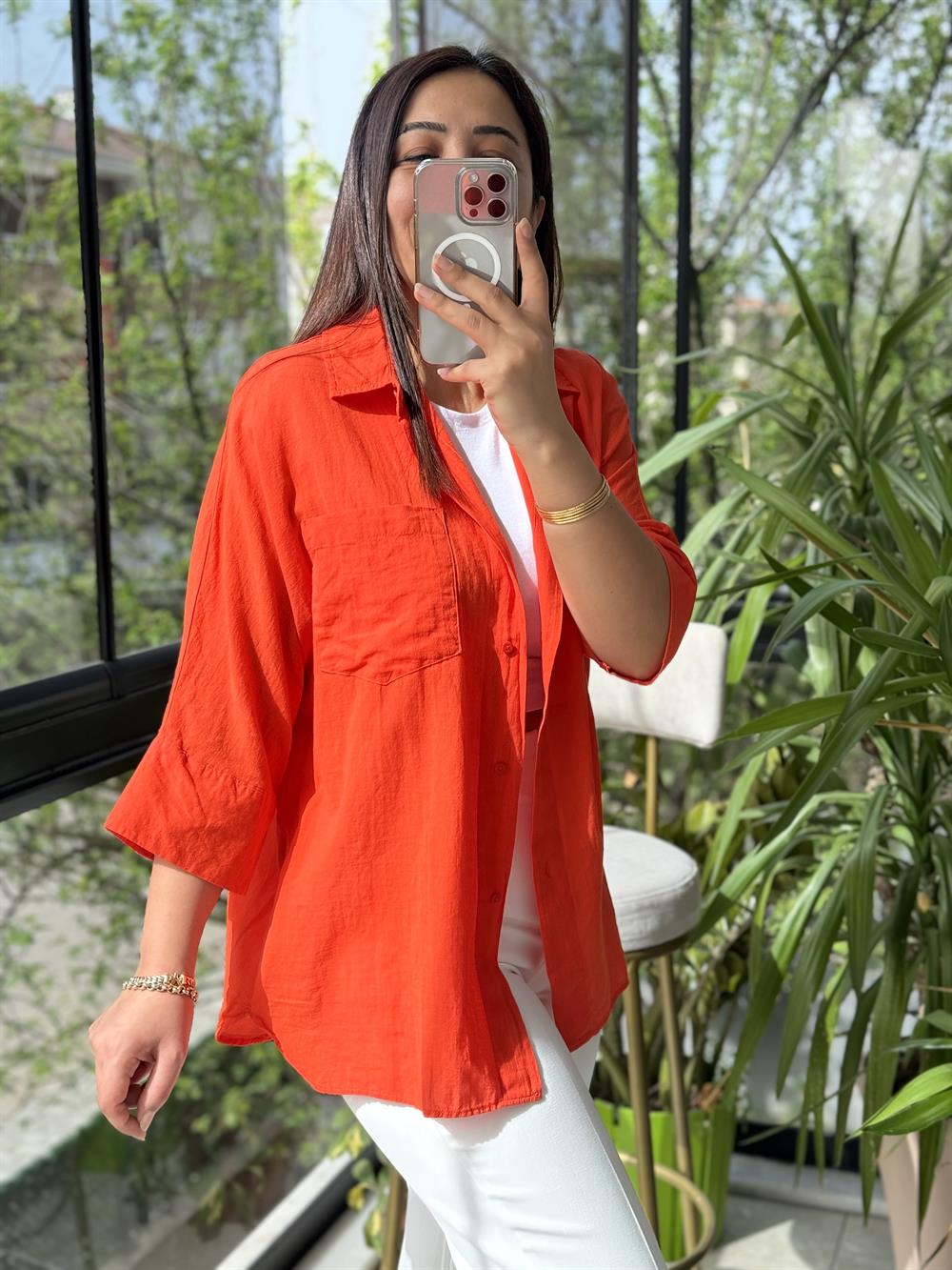 Tek Cep Natural Gömlek Turuncu