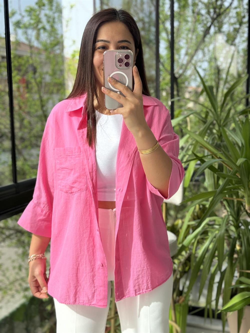 Tek Cep Natural Gömlek Pembe