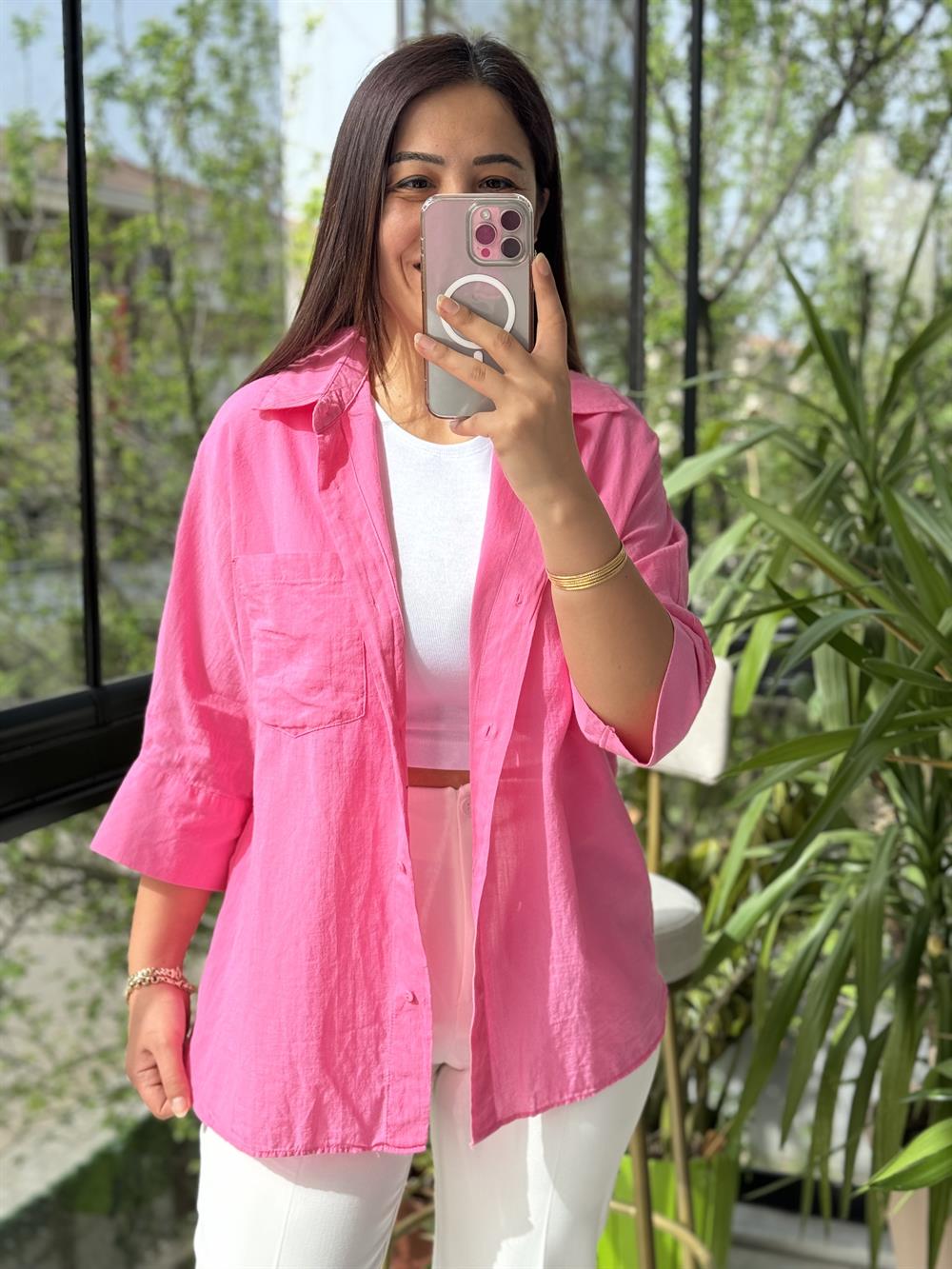 Tek Cep Natural Gömlek Pembe