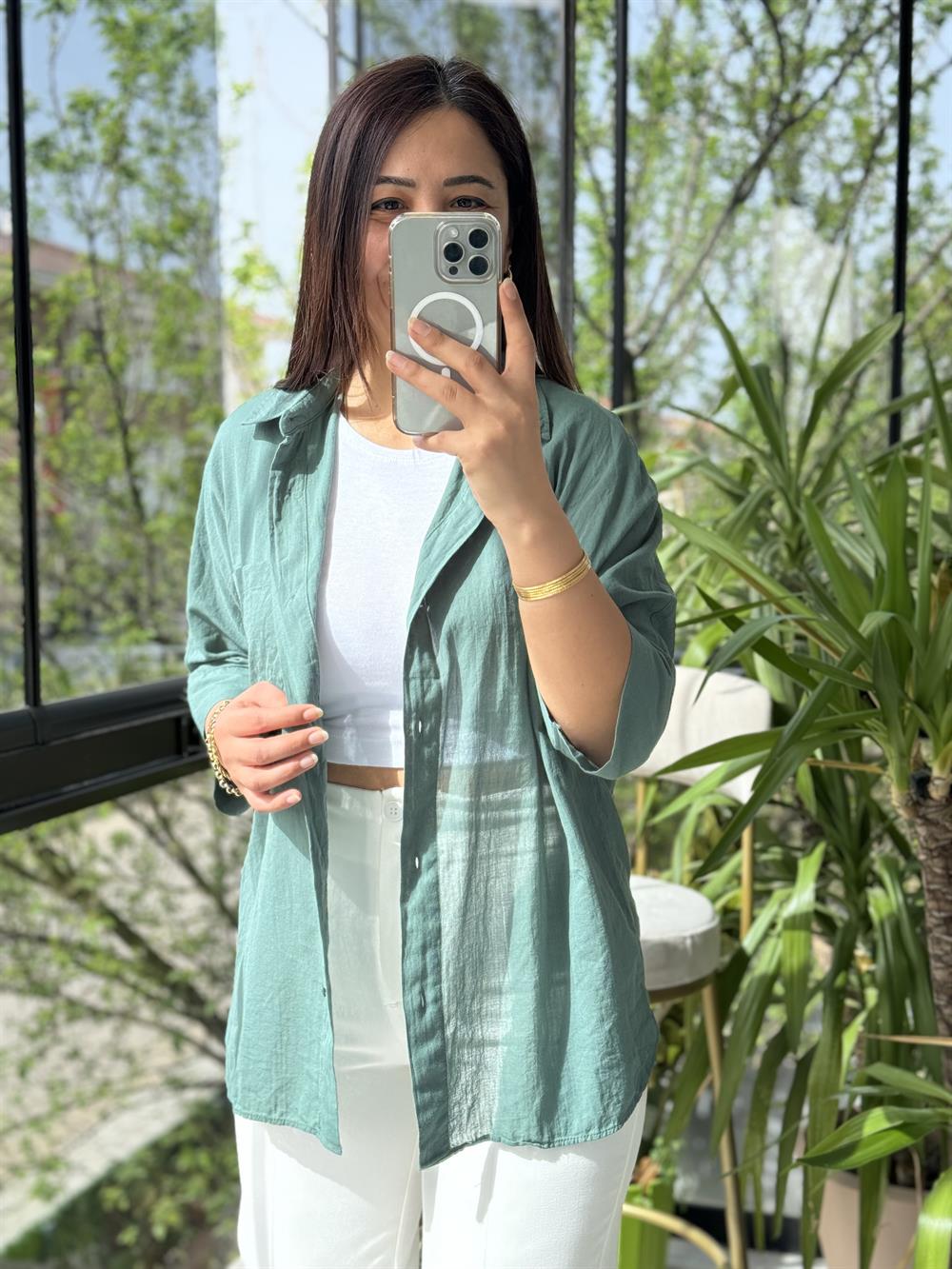 Tek Cep Natural Gömlek Petrol