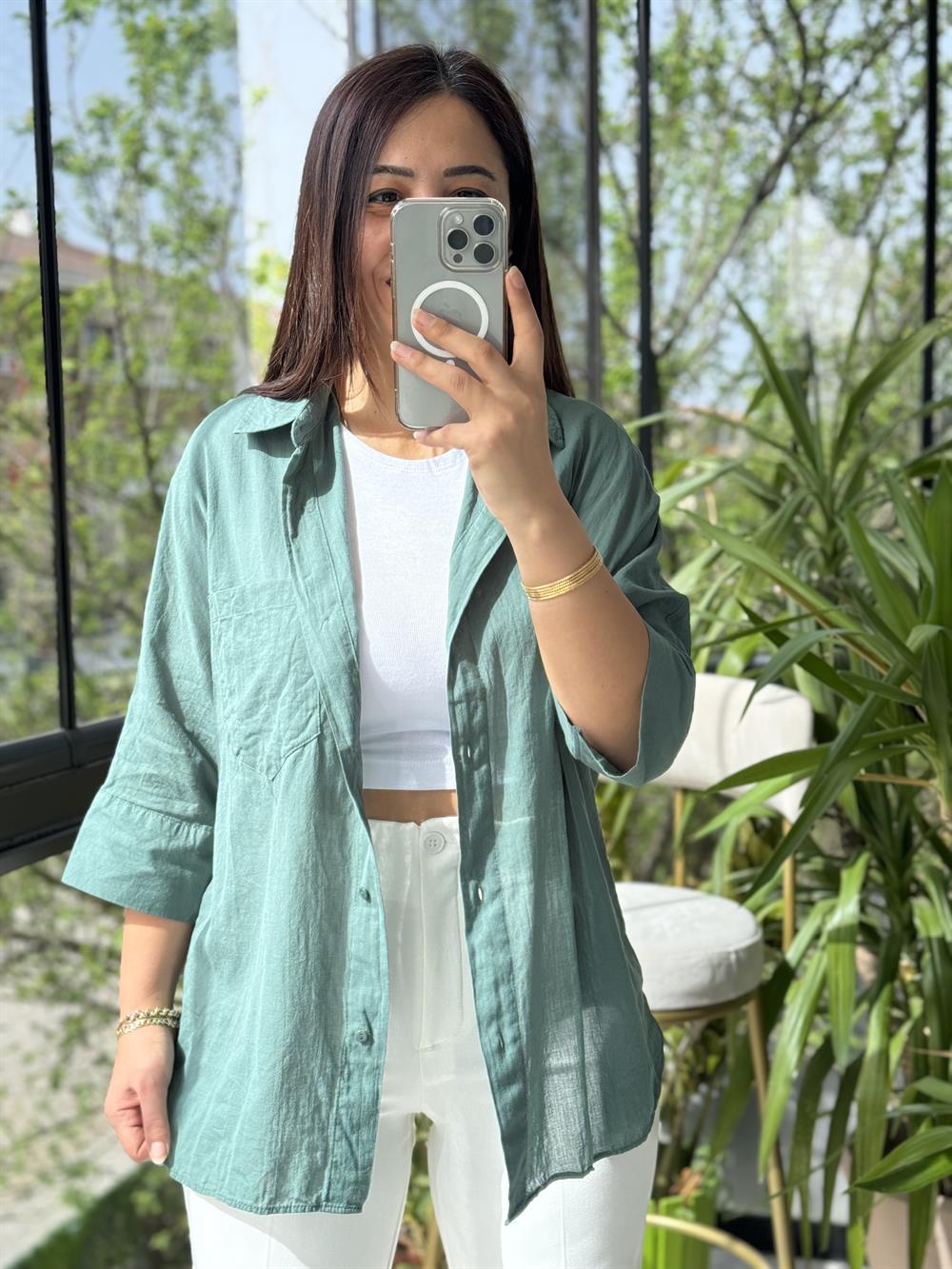 Tek Cep Natural Gömlek Petrol