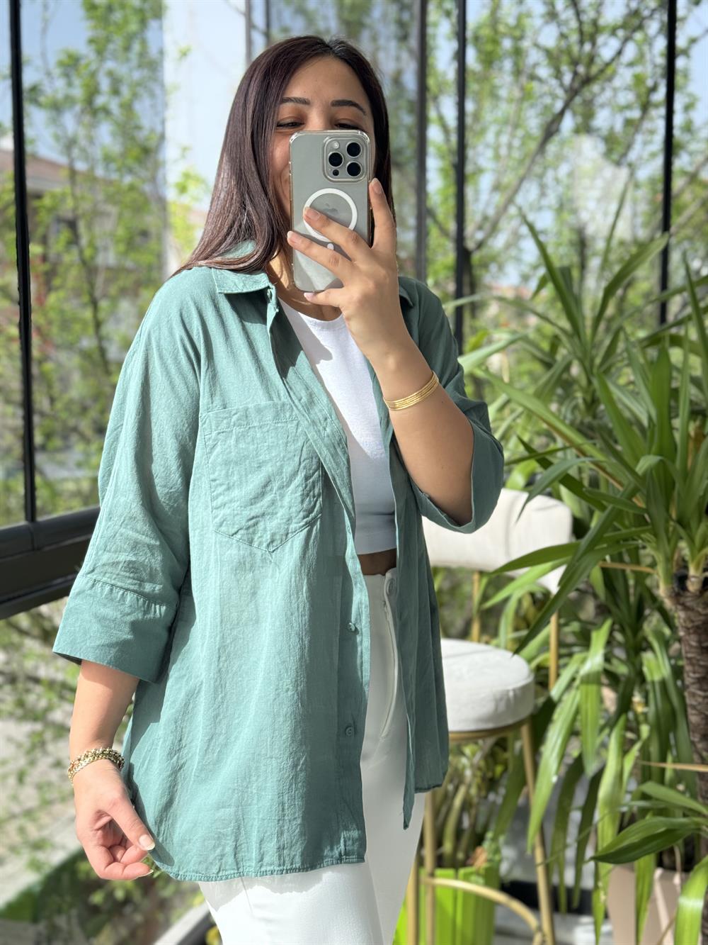 Tek Cep Natural Gömlek Petrol