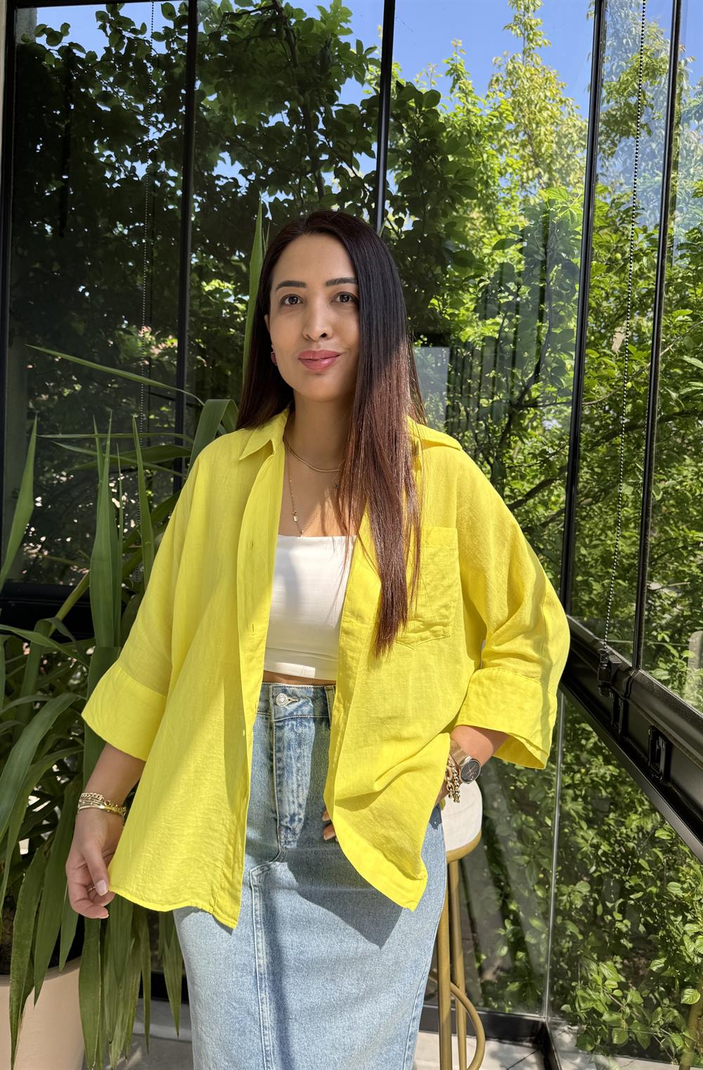 Tek Cep Natural Gömlek Sarı