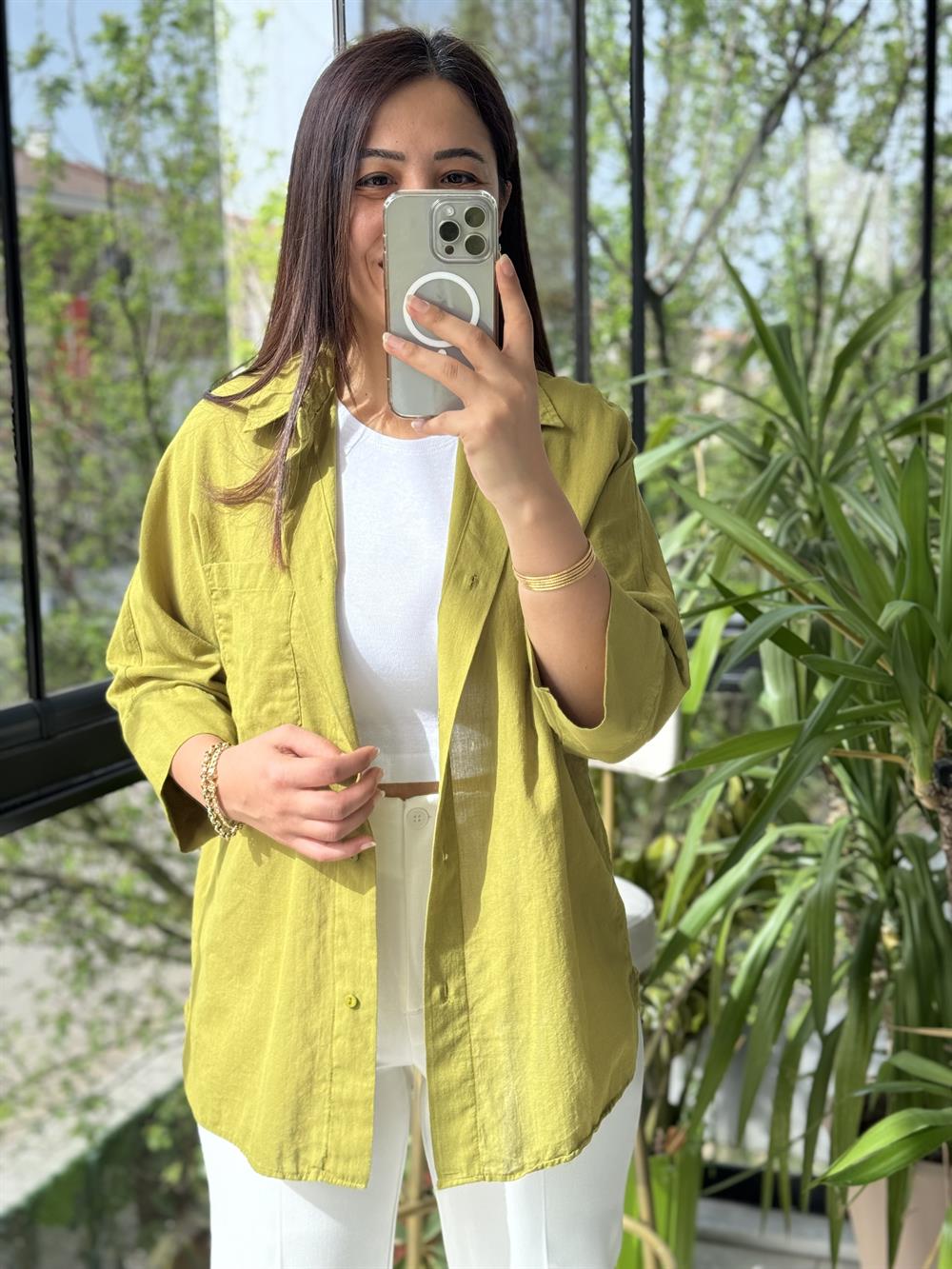 Tek Cep Natural Gömlek Yağ Yeşili