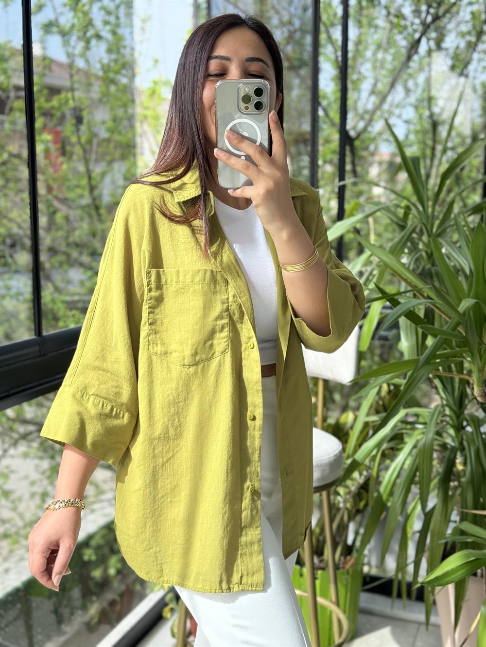 Tek Cep Natural Gömlek Yağ Yeşili