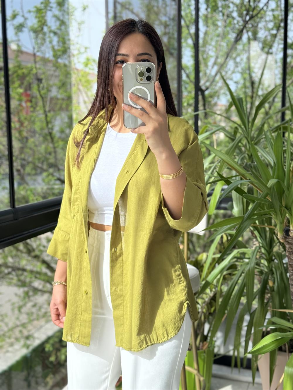 Tek Cep Natural Gömlek Yağ Yeşili