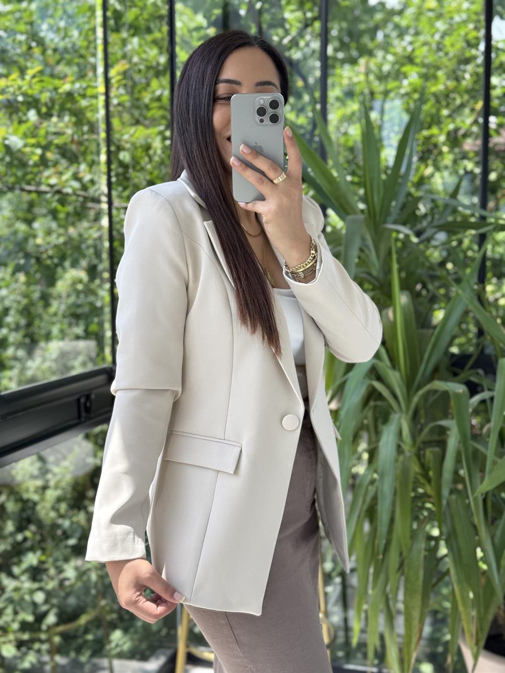 Tek Düğme Blazer Ceket Bej