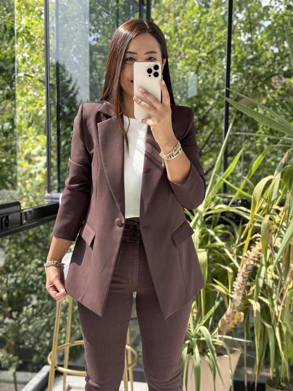 Tek Düğme Blazer Ceket Kahve