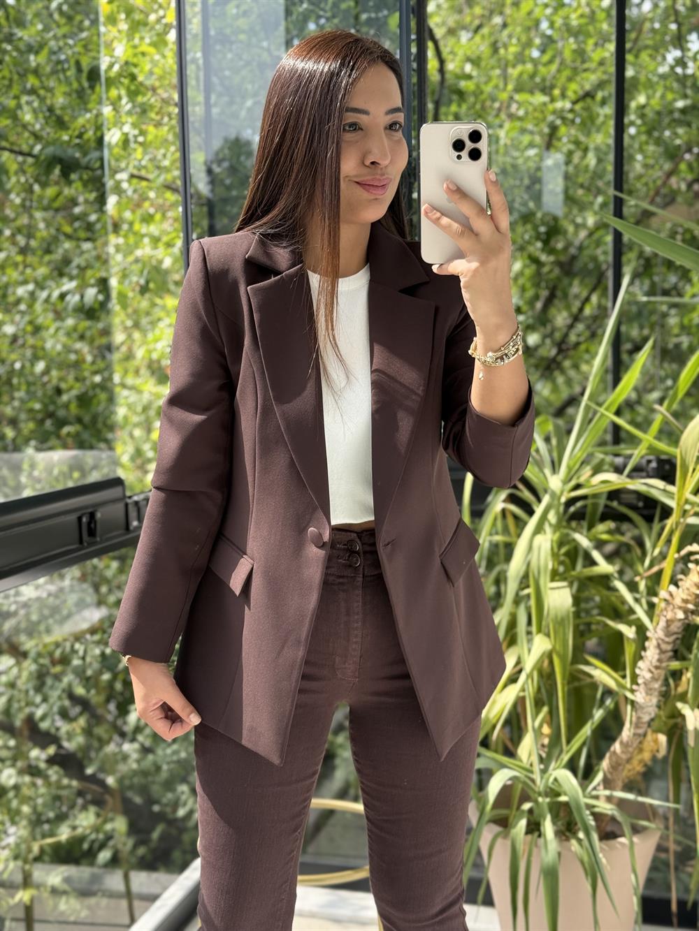 Tek Düğme Blazer Ceket Kahve