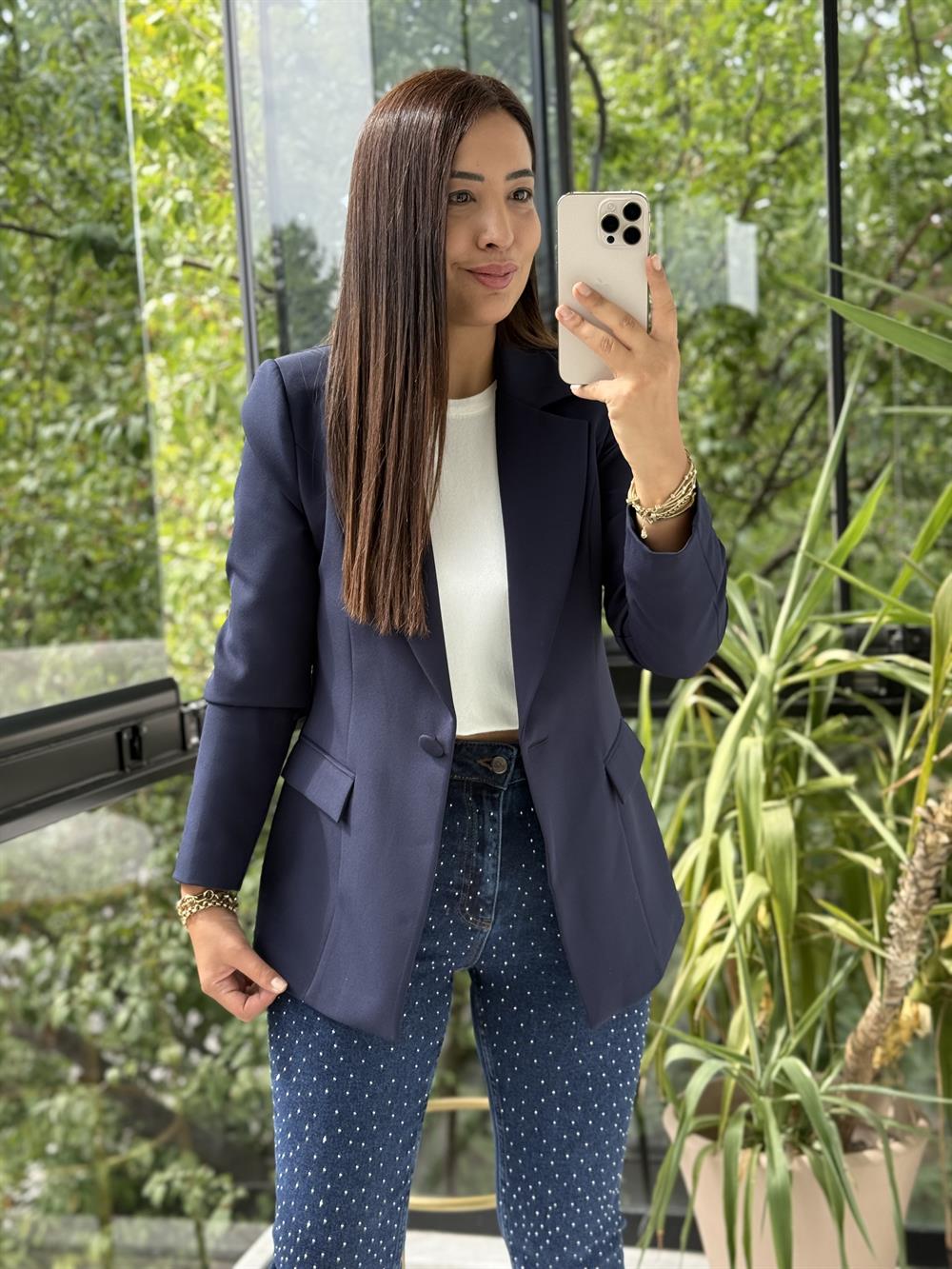 Tek Düğme Blazer Ceket Lacivert