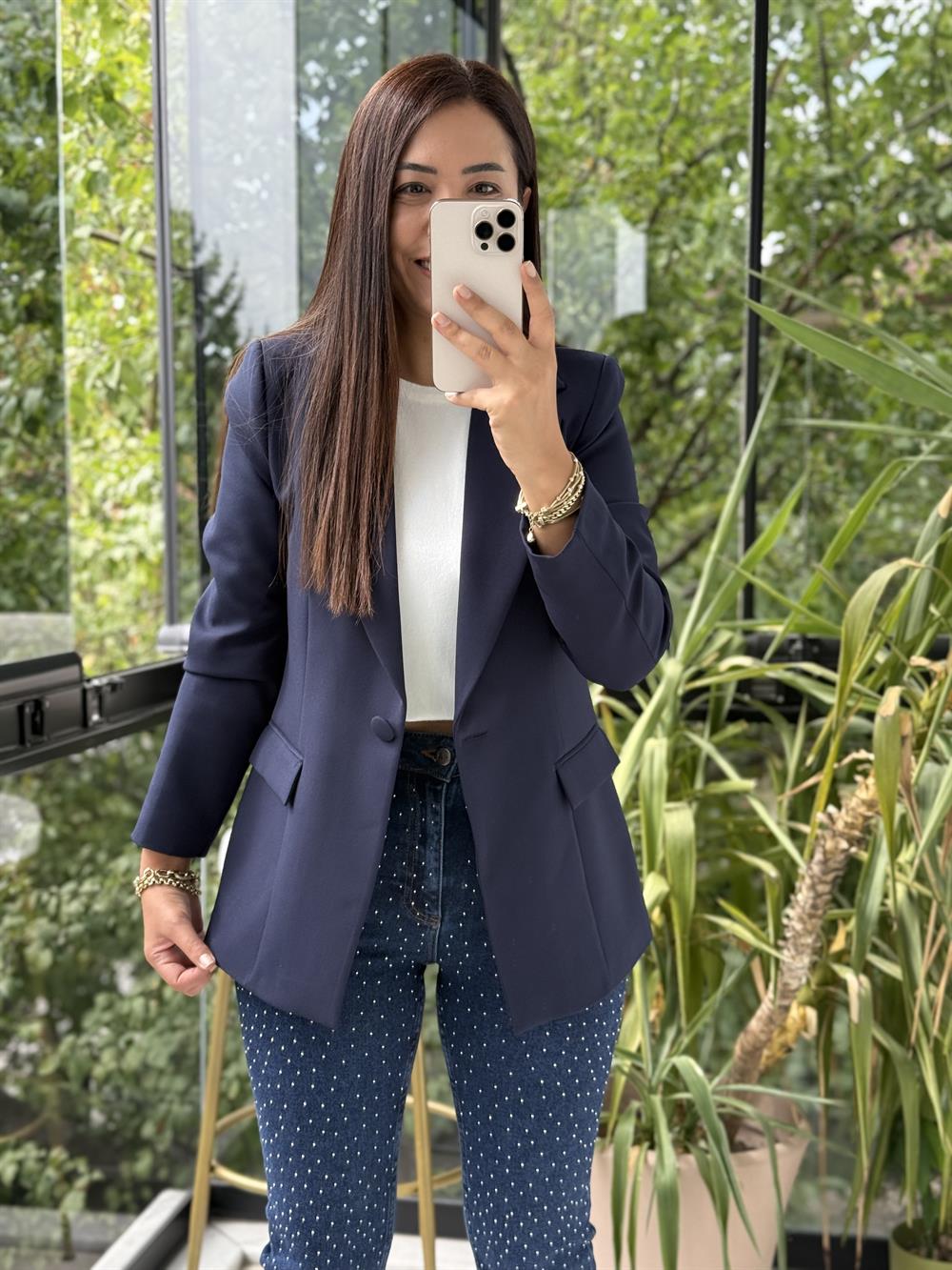 Tek Düğme Blazer Ceket Lacivert