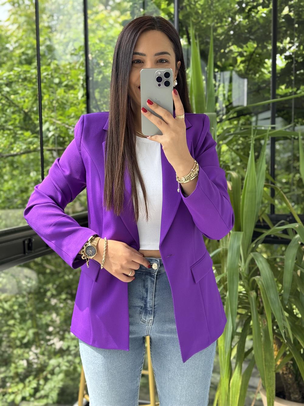 Tek Düğme Blazer Ceket Mor