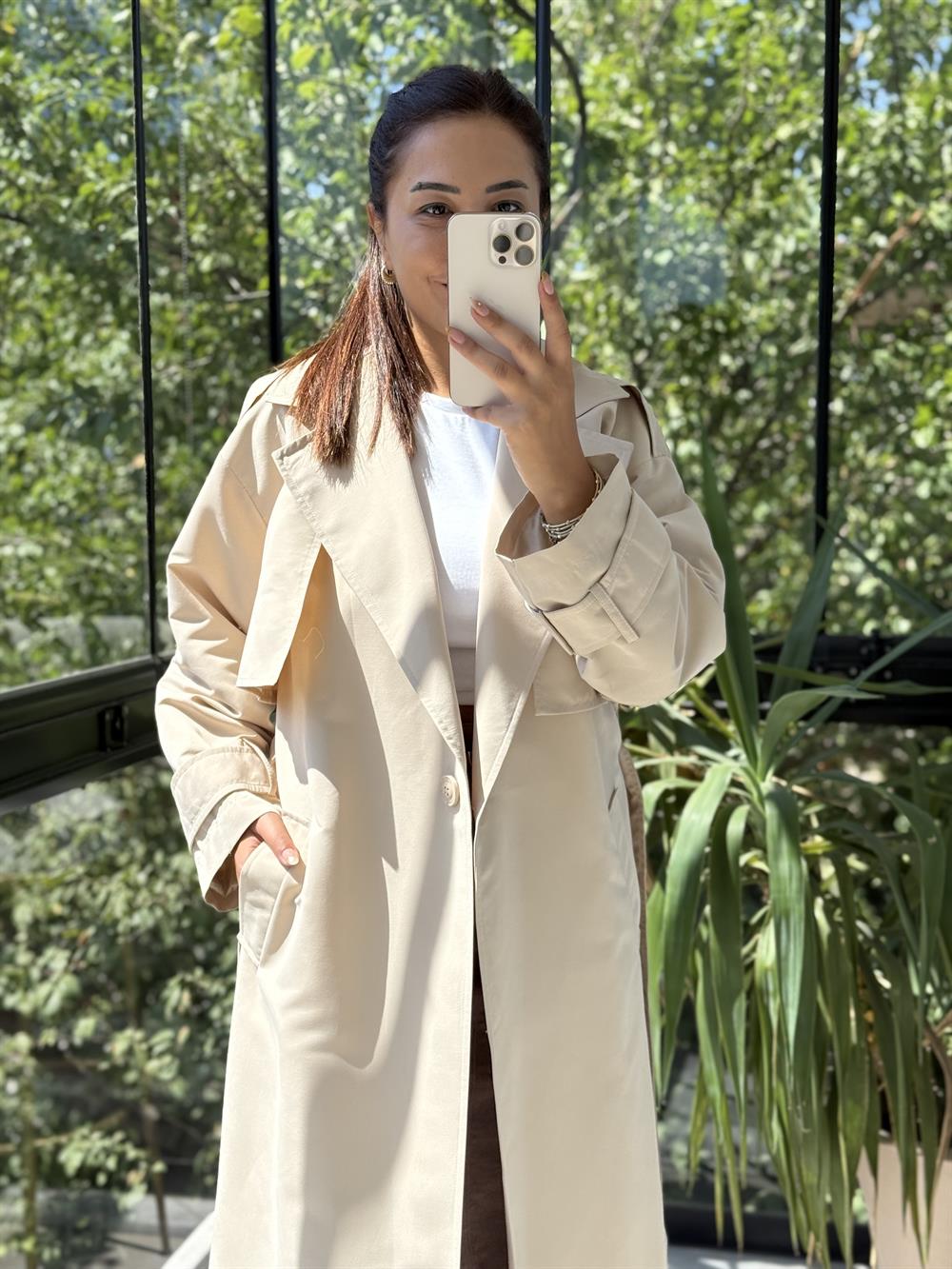 Tek Düğme Kuşaklı Uzun Trenç Bej