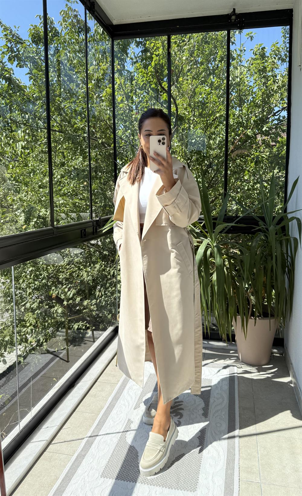 Tek Düğme Kuşaklı Uzun Trenç Bej