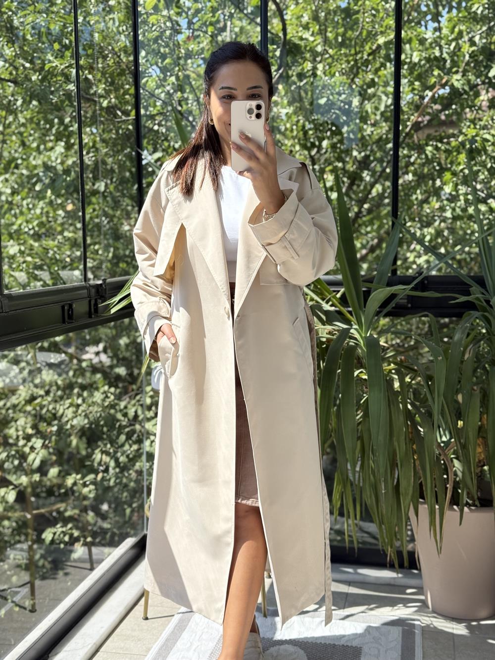 Tek Düğme Kuşaklı Uzun Trenç Bej