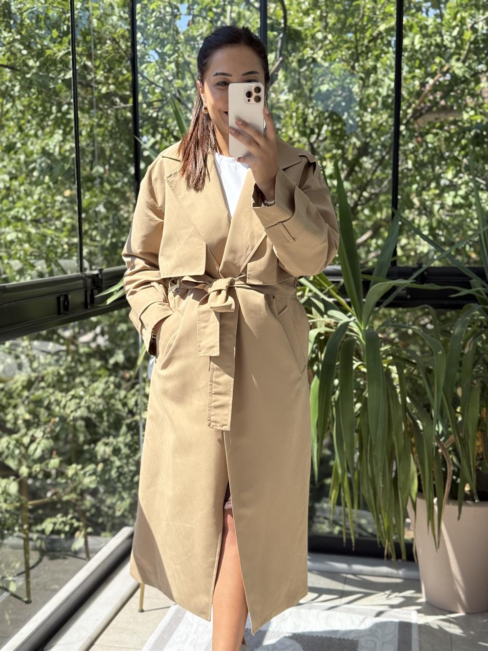 Tek Düğme Kuşaklı Uzun Trenç Camel