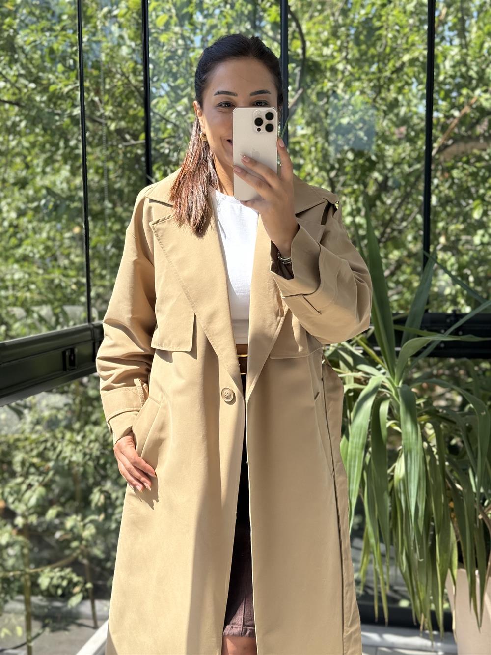 Tek Düğme Kuşaklı Uzun Trenç Camel