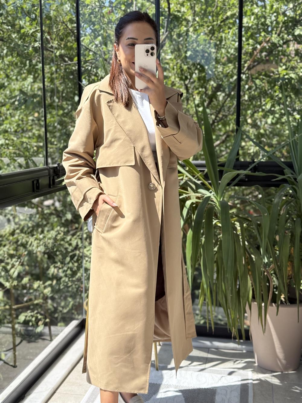 Tek Düğme Kuşaklı Uzun Trenç Camel