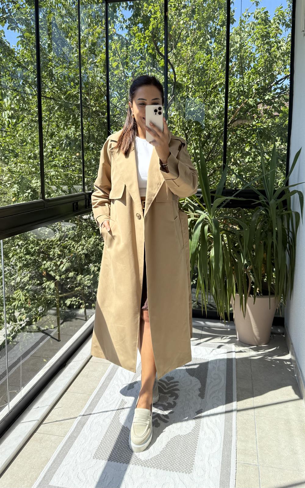 Tek Düğme Kuşaklı Uzun Trenç Camel