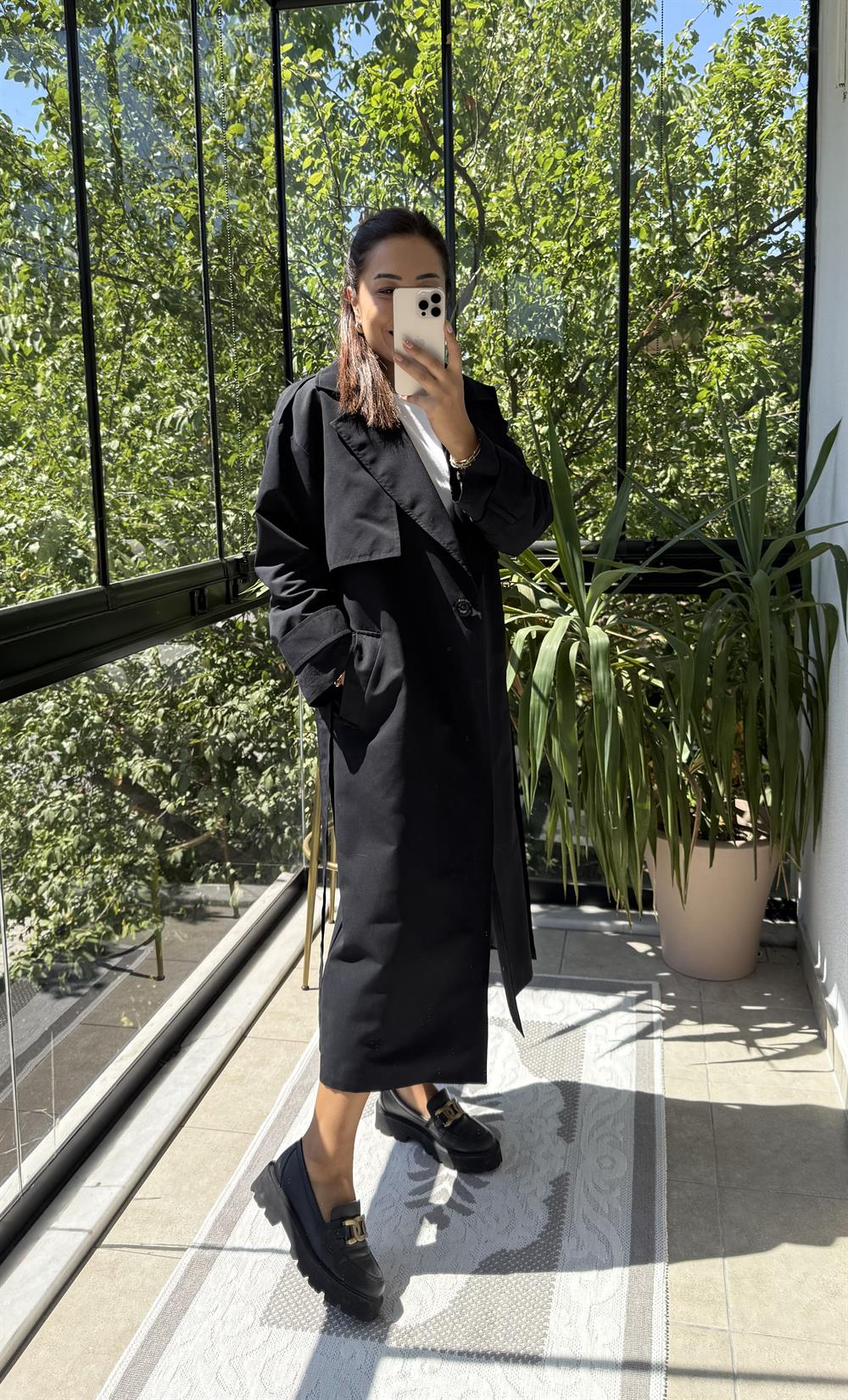 Tek Düğme Kuşaklı Uzun Trenç Siyah 