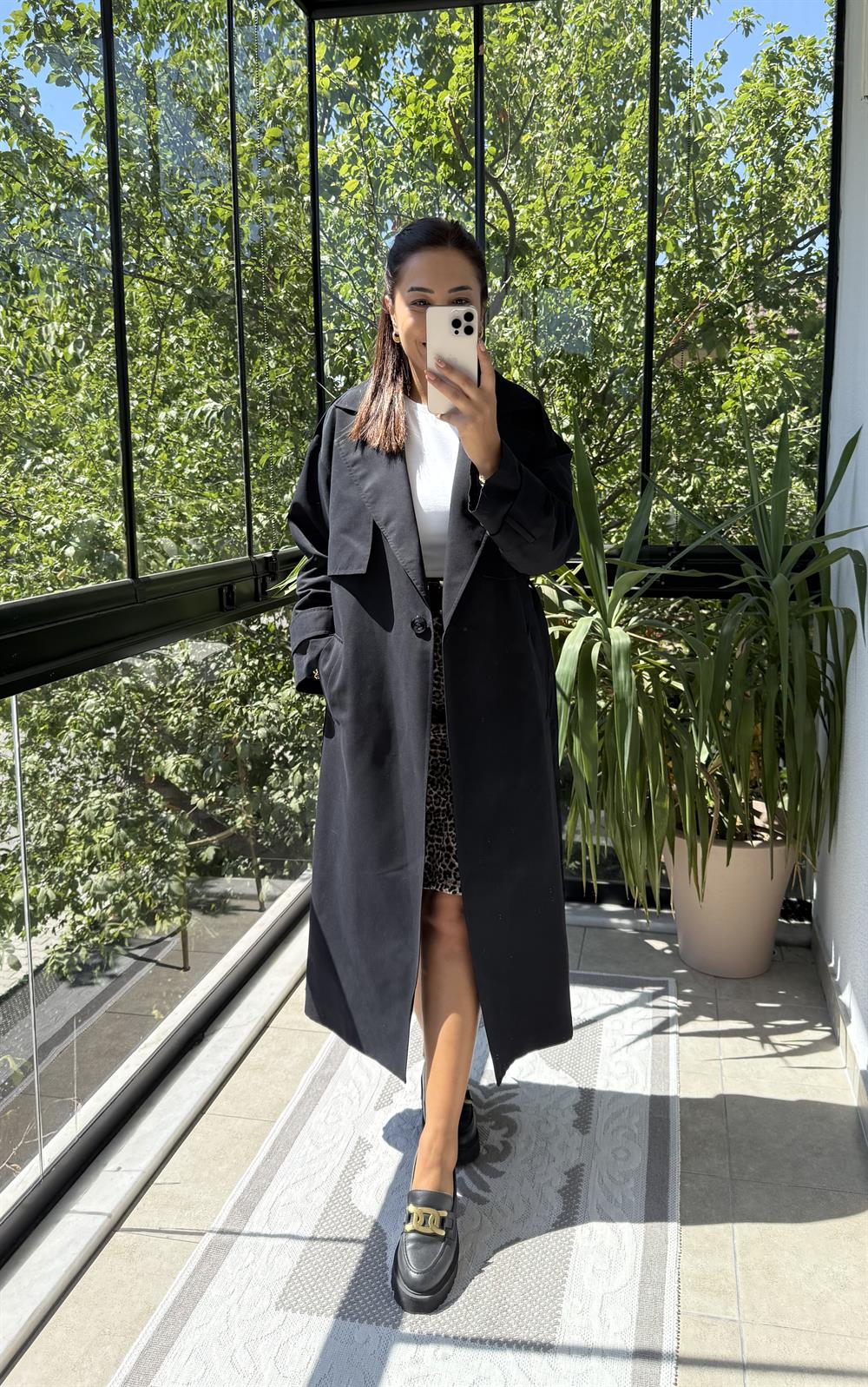 Tek Düğme Kuşaklı Uzun Trenç Siyah 