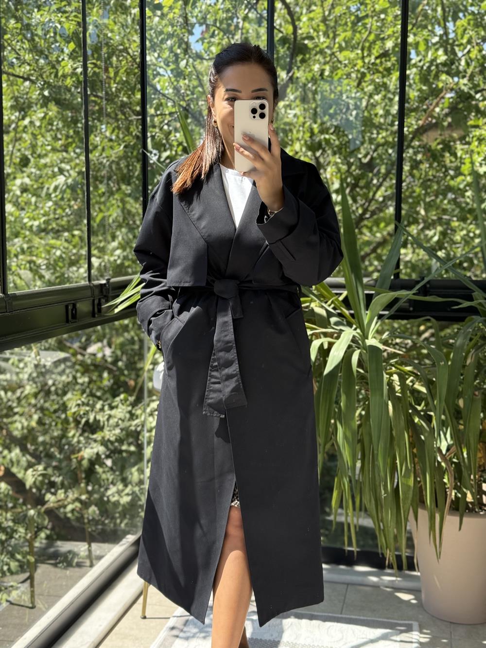 Tek Düğme Kuşaklı Uzun Trenç Siyah 