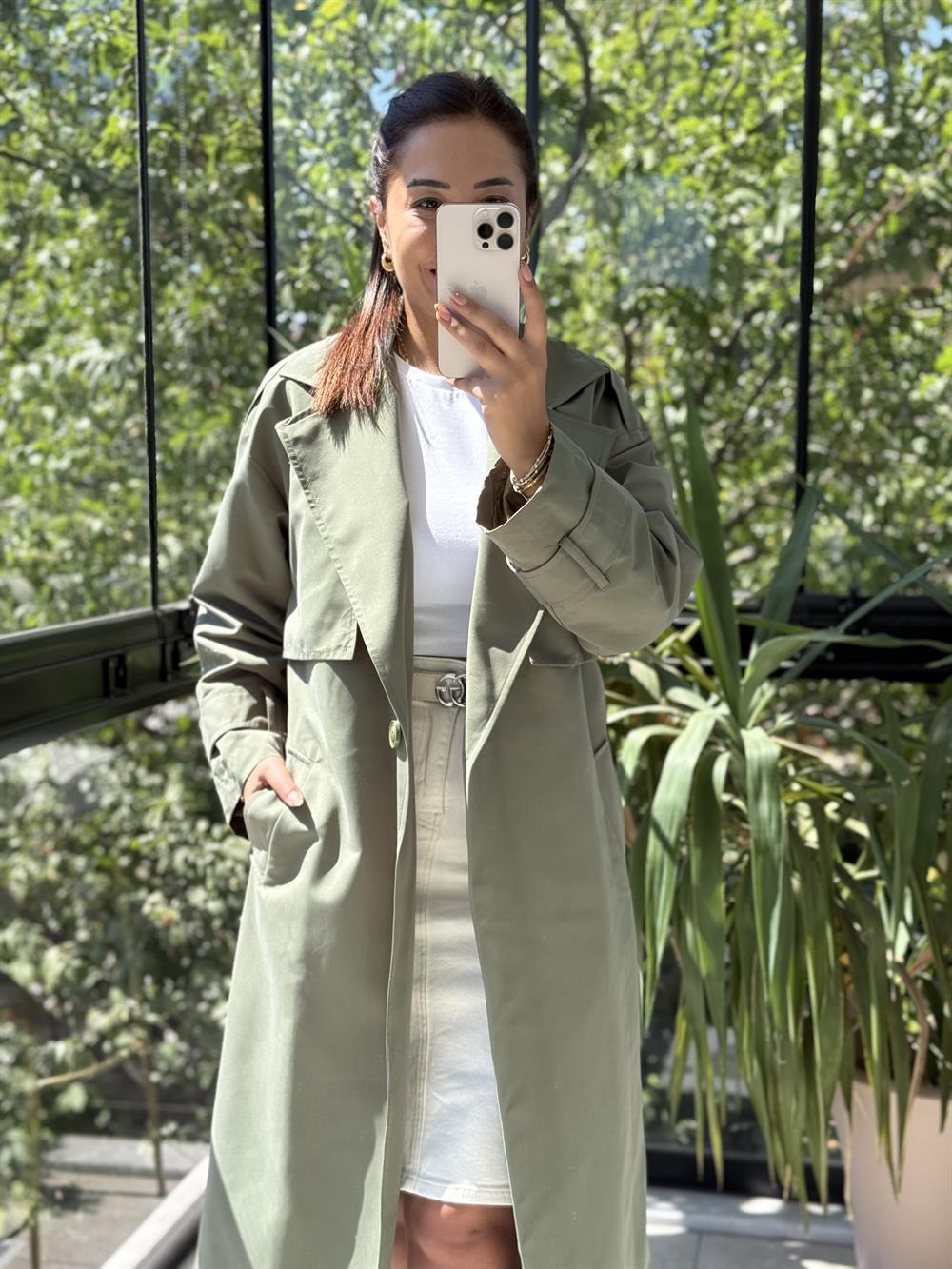 Tek Düğme Kuşaklı Uzun Trenç Yeşil