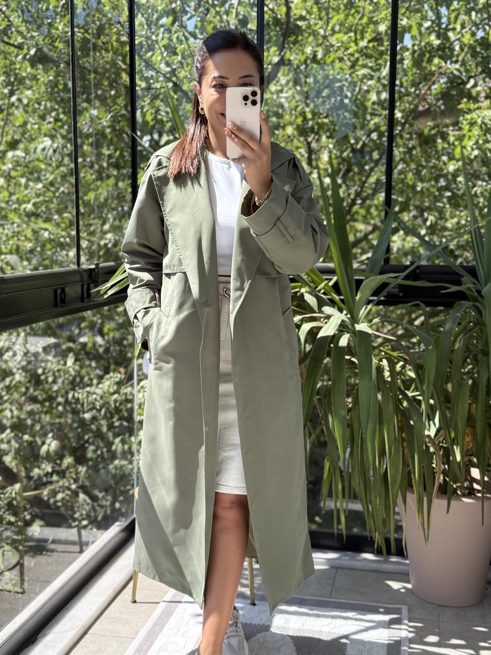 Tek Düğme Kuşaklı Uzun Trenç Yeşil