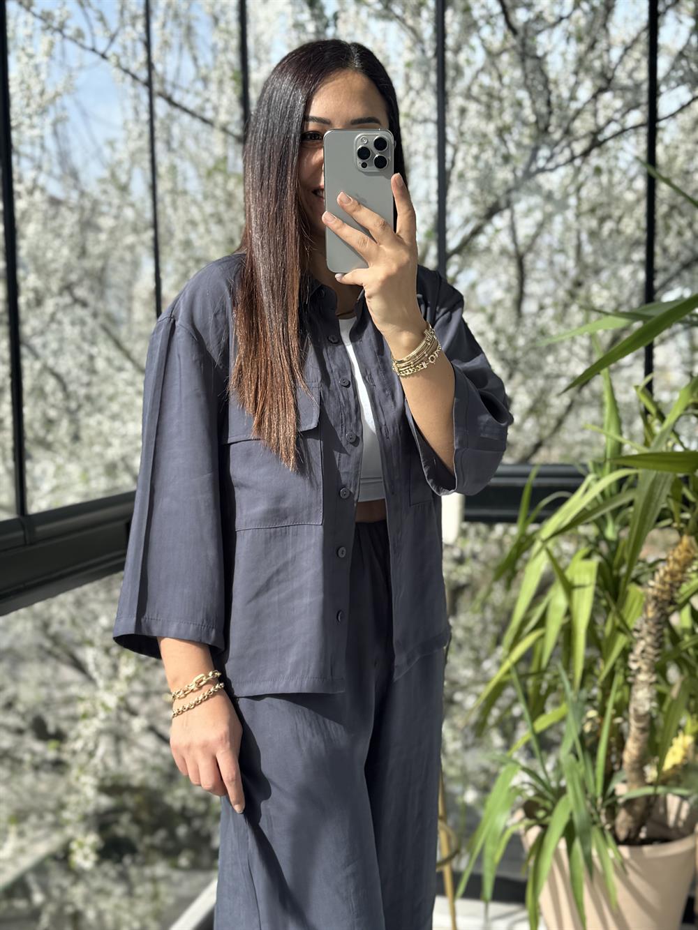 Tensel Cepli Gömlek Takım Antrasit