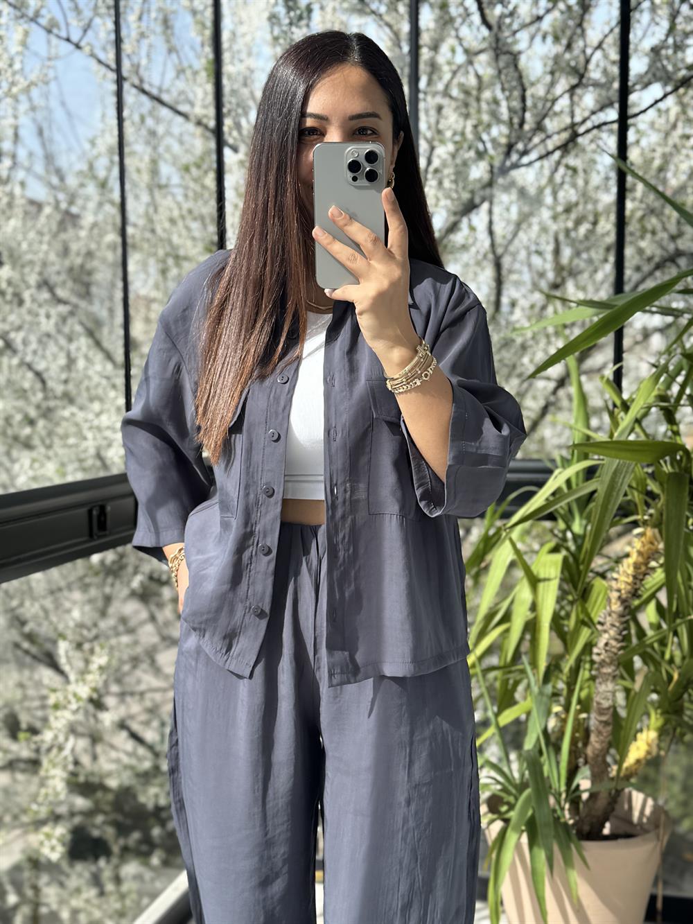 Tensel Cepli Gömlek Takım Antrasit