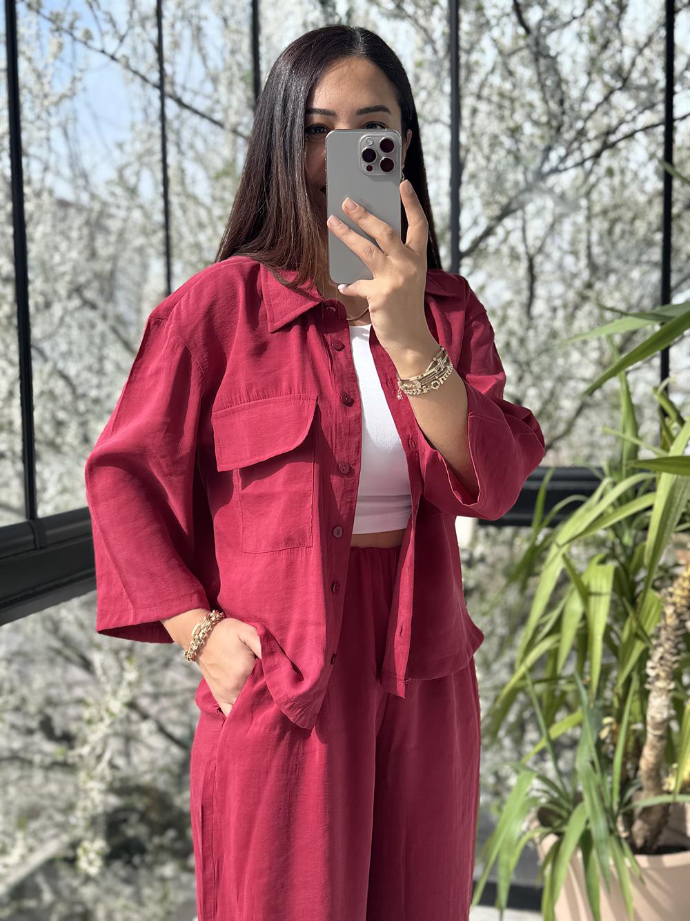 Tensel Cepli Gömlek Takım Bordo